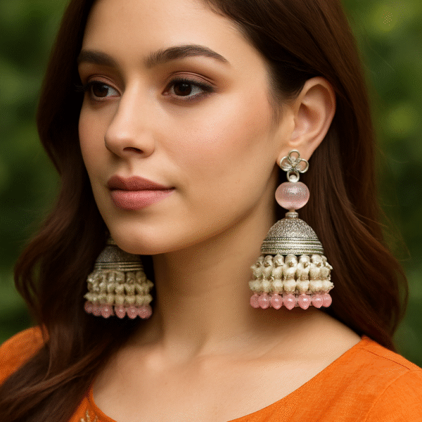 Pastal Beaded Jhumka Earings (Mauve Pink & Silver)