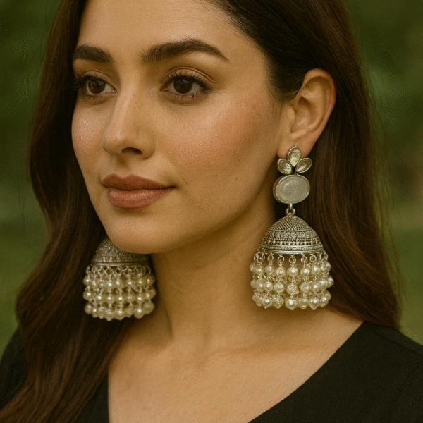 Pastal Beaded Jhumka Earings (Off white & Silver)