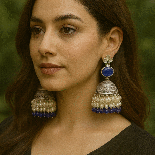 Pastal Beaded Jhumka Earings (Sapphire blue & Silver)