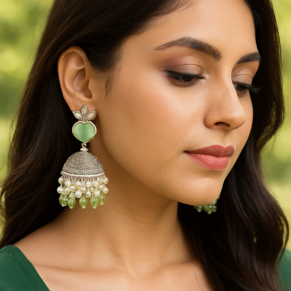 Pastal Beaded Jhumka Earings (Mint Green & Silver)
