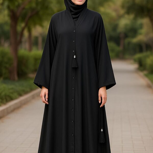 Premium Nida Black Simple Open Abaya with buttons Full Flair