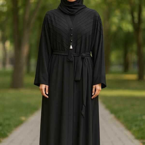 Noir Belted & Pleated Elegance Abaya (Black,Sleek,Belted )