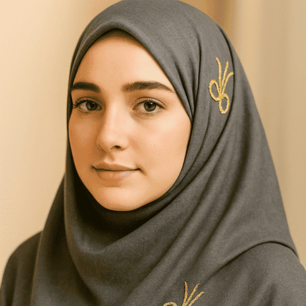 Elegant gray hijab with gold embroidery, perfect for modest fashion and special occasions.