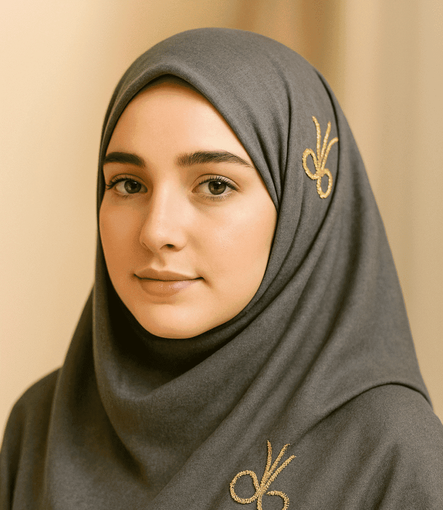 Elegant gray hijab with gold embroidery, perfect for modest fashion and special occasions.