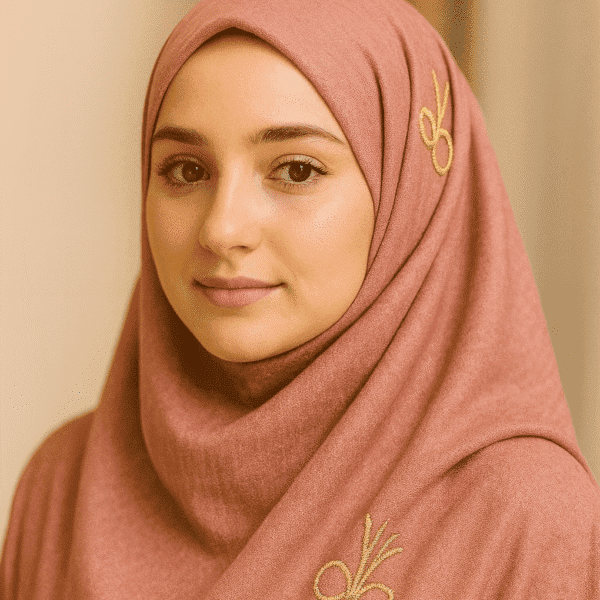 Soft pink hijab with gold embroidery, perfect for modest fashion and daily wear.