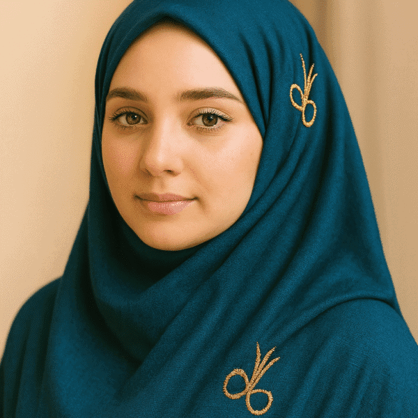 Elegant blue hijab with gold embroidery, perfect for modest fashion and Muslim women's attire.