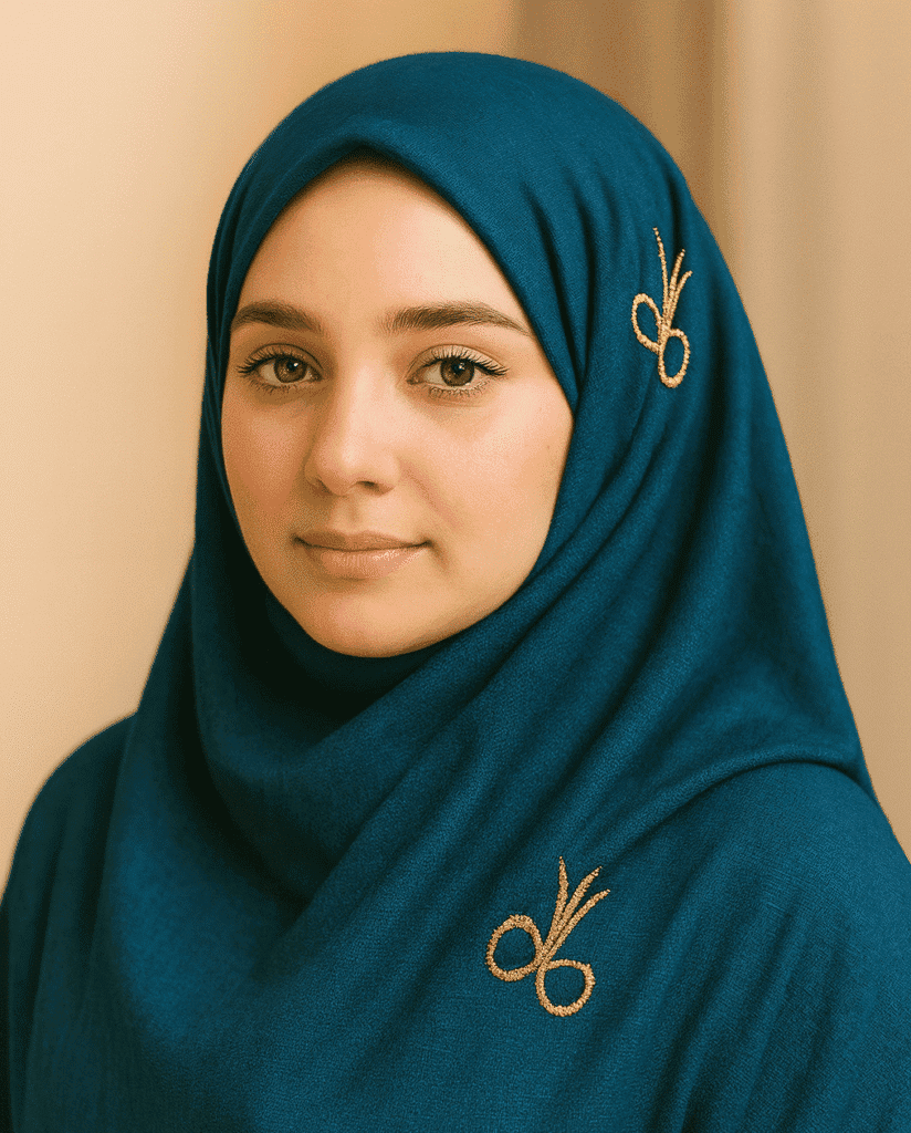 Elegant blue hijab with gold embroidery, perfect for modest fashion and Muslim women's attire.