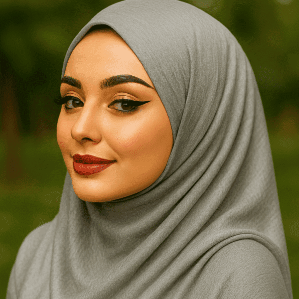 Beautiful woman wearing gray hijab, elegant and modest Islamic head covering, fashion and faith.