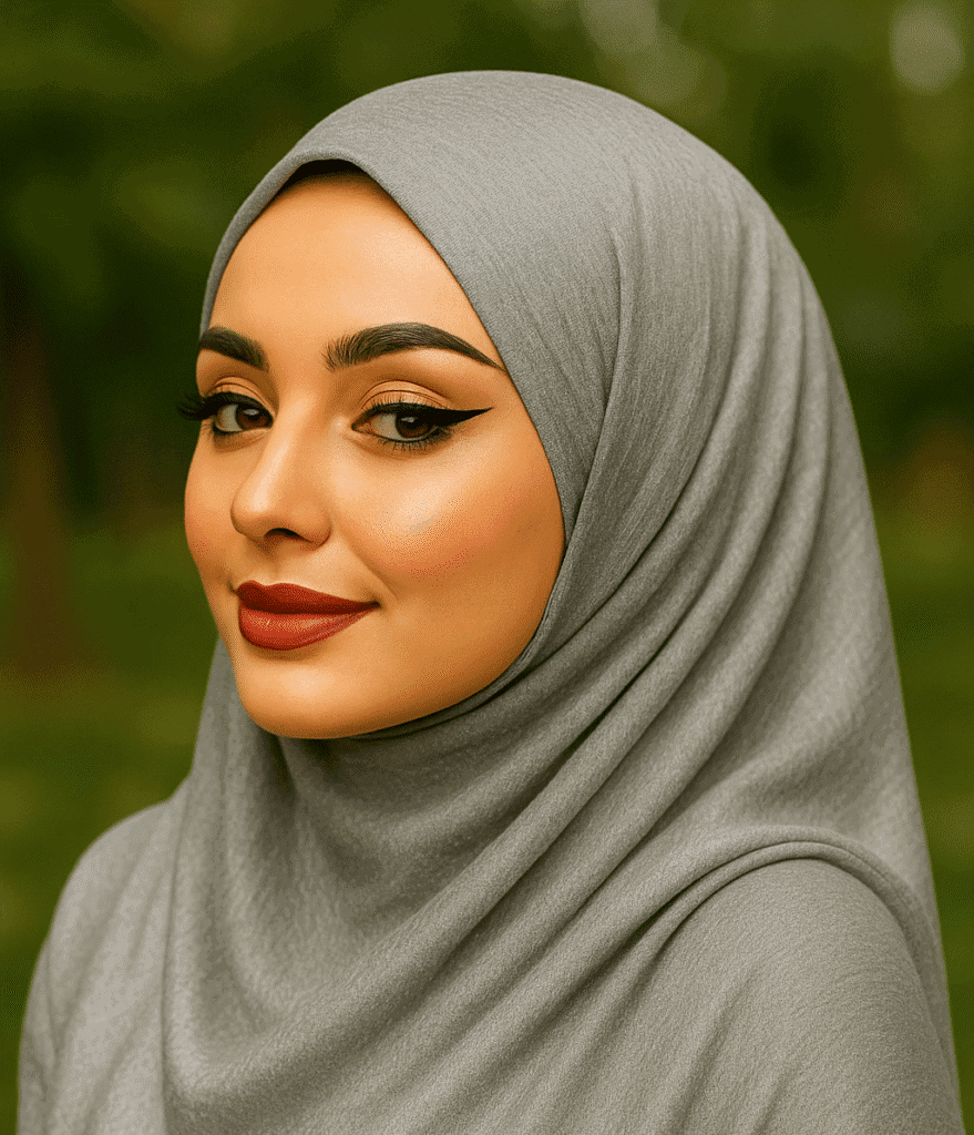 Beautiful woman wearing gray hijab, elegant and modest Islamic head covering, fashion and faith.