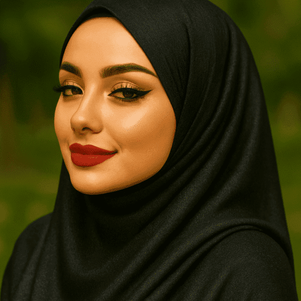 Elegant black hijab with flawless makeup, perfect for stylish modest fashion.