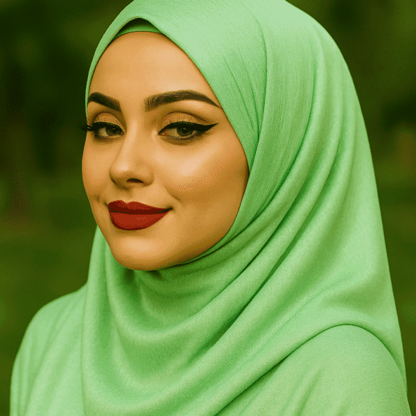 Elegant woman wearing a vibrant green hijab with flawless makeup and bold red lipstick.