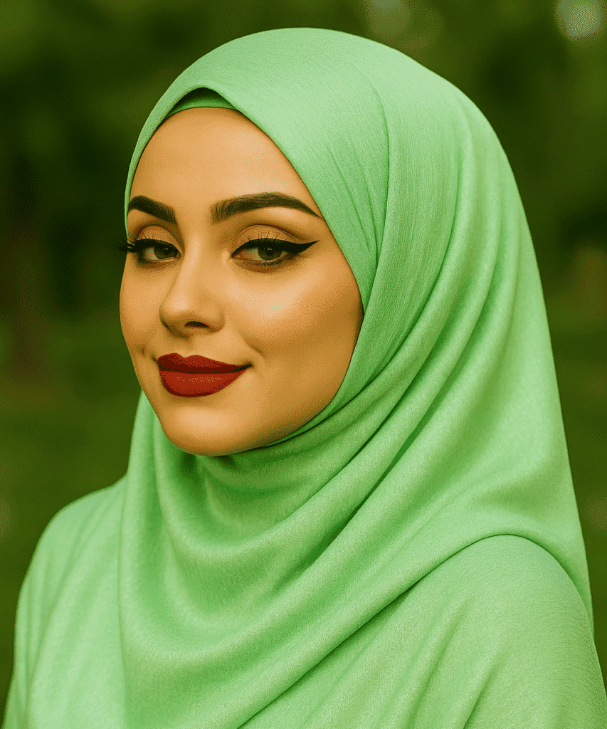 Elegant woman wearing a vibrant green hijab with flawless makeup and bold red lipstick.