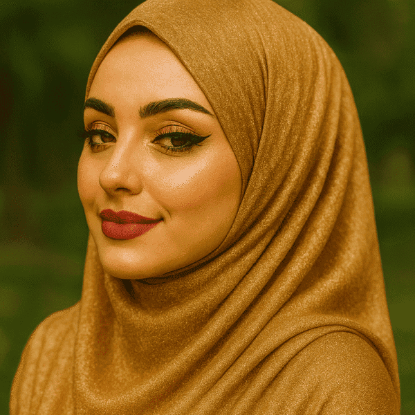 Elegant gold hijab with shimmering fabric, perfect for modest fashion and special occasions.