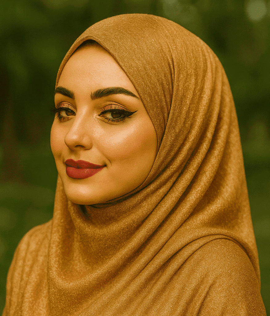 Elegant gold hijab with shimmering fabric, perfect for modest fashion and special occasions.