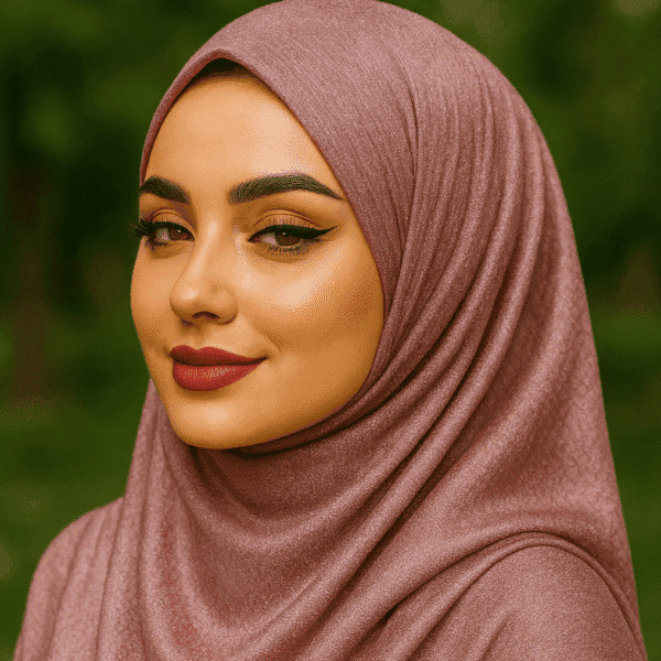 Elegant woman wearing pink hijab with makeup, outdoors.