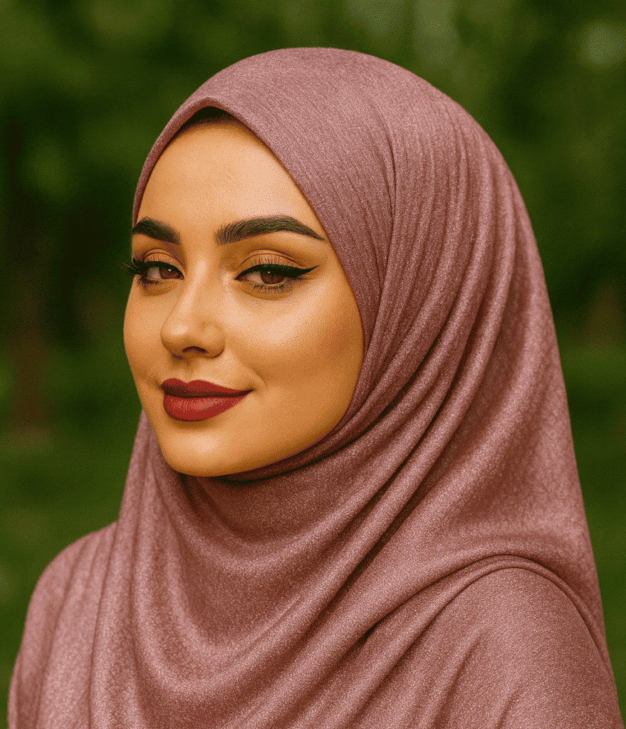 Elegant woman wearing pink hijab with makeup, outdoors.