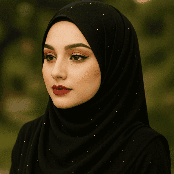 Black embellished hijab with elegant design, perfect for modest fashion and special occasions.