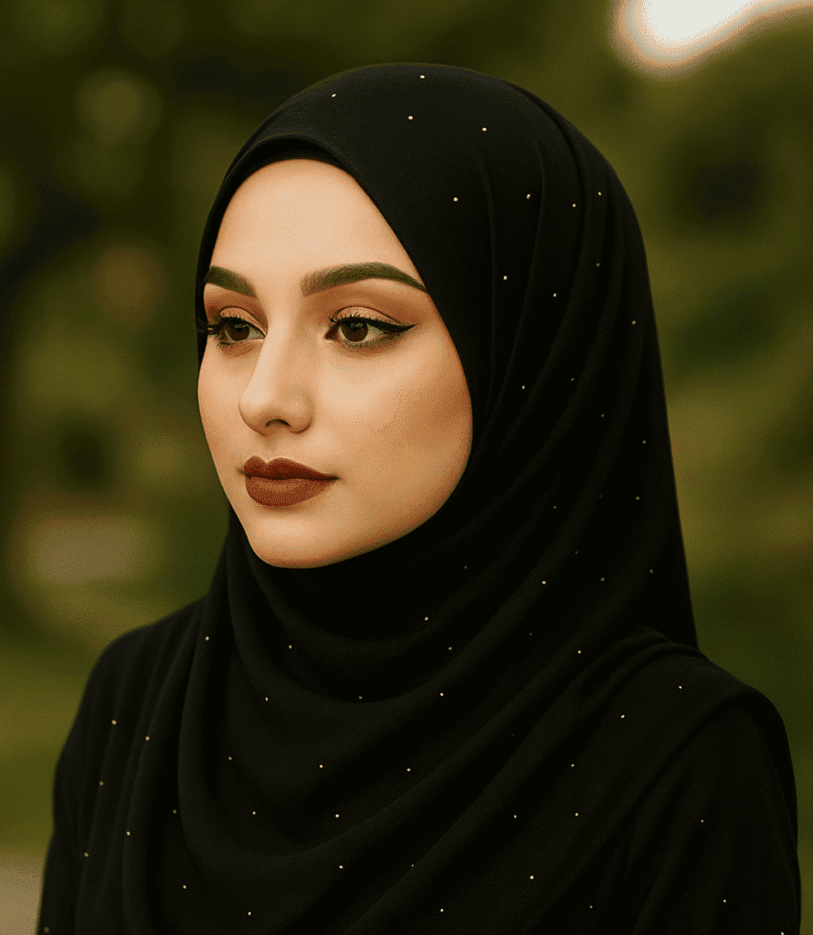 Black embellished hijab with elegant design, perfect for modest fashion and special occasions.