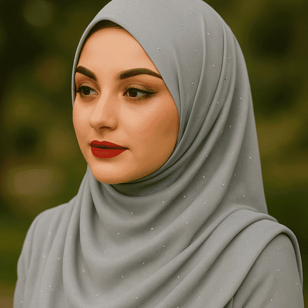 Soft gray hijab with pearl embellishments, stylish and elegant, perfect for modern modest fashion.