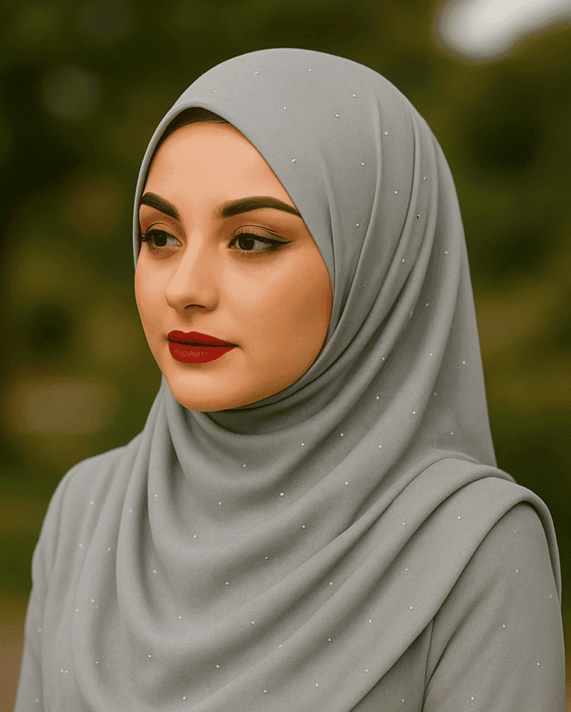 Soft gray hijab with pearl embellishments, stylish and elegant, perfect for modern modest fashion.