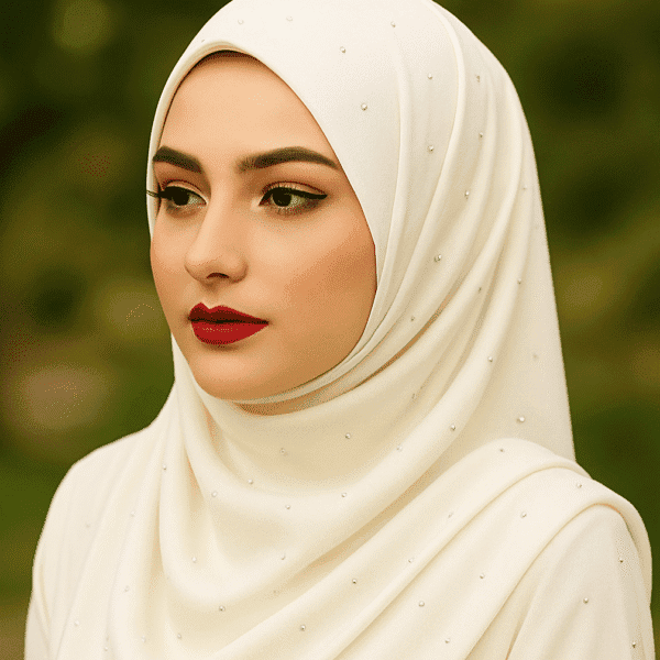 Elegant white hijab with pearl embellishments, perfect for modest fashion and religious occasions.