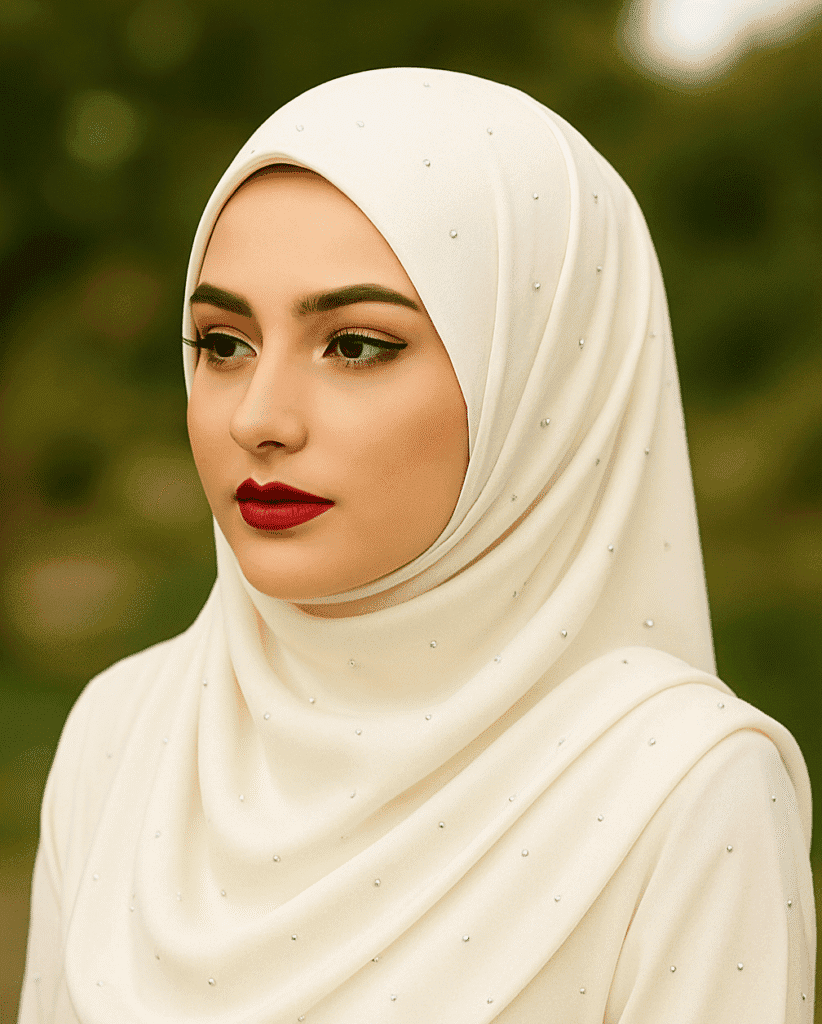 Elegant white hijab with pearl embellishments, perfect for modest fashion and religious occasions.