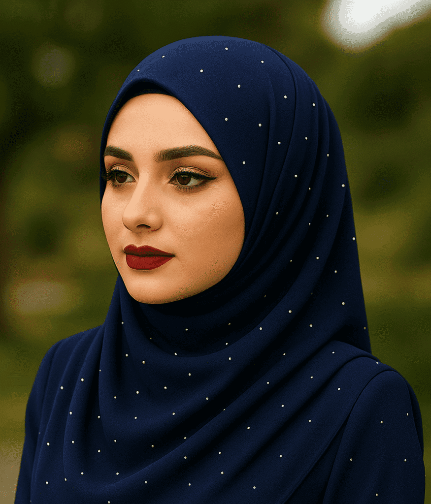 Elegant navy blue hijab with pearl embellishments for modest fashion and Muslim women's accessories.
