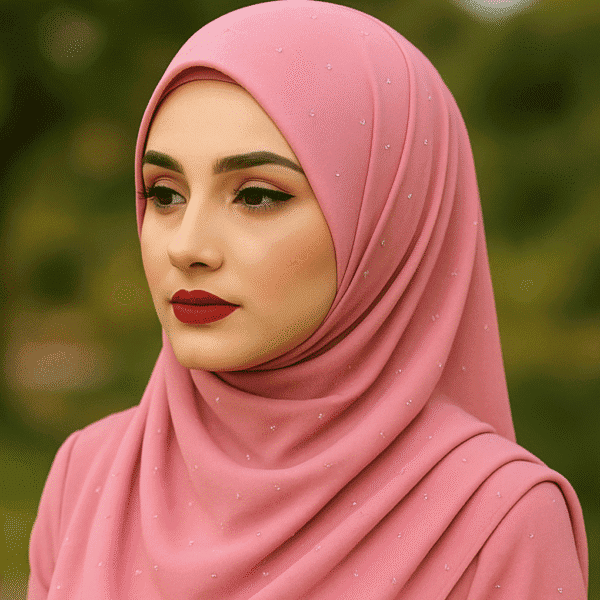 Soft pink hijab with rhinestone embellishments, perfect for Muslim women seeking elegant modest fashion.