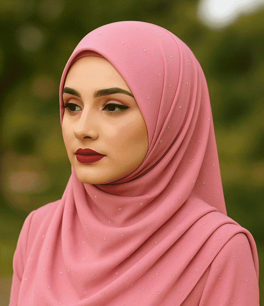 Soft pink hijab with rhinestone embellishments, perfect for Muslim women seeking elegant modest fashion.