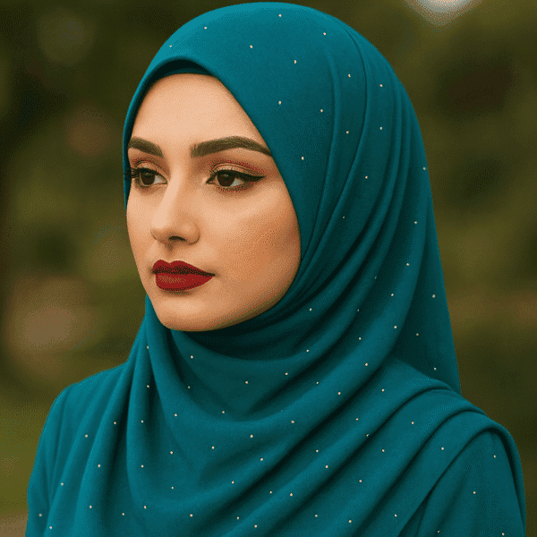 Elegant teal hijab with small embellishments, perfect for modest fashion and everyday wear.