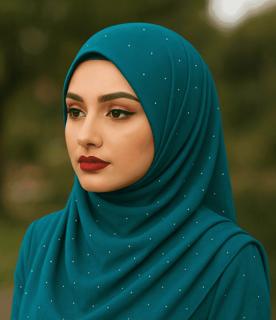 Elegant teal hijab with small embellishments, perfect for modest fashion and everyday wear.