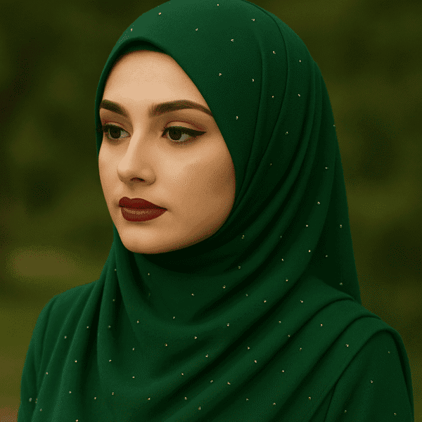 Elegant green hijab with subtle sparkling embellishments for stylish modest fashion.