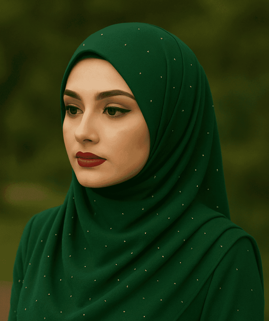 Elegant green hijab with subtle sparkling embellishments for stylish modest fashion.