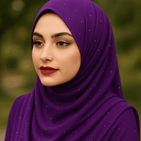 Elegant purple hijab with subtle bead embellishments for modest fashion.