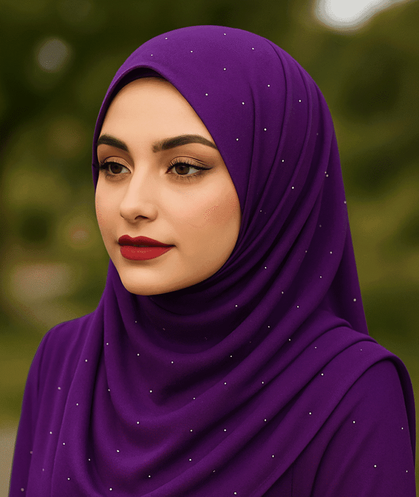 Elegant purple hijab with subtle bead embellishments for modest fashion.