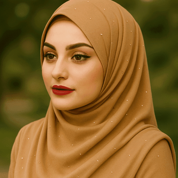 Elegant beige hijab with pearl embellishments for modest fashion and stylish Islamic accessories.
