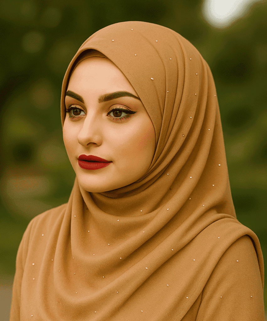 Elegant beige hijab with pearl embellishments for modest fashion and stylish Islamic accessories.