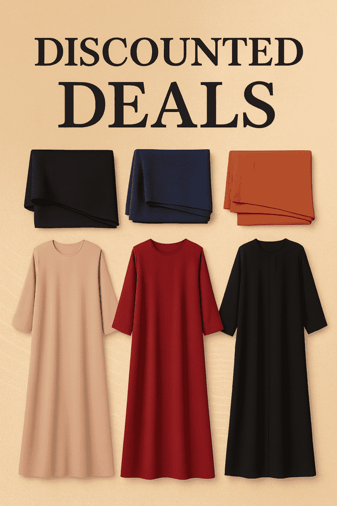 Black hijabs and modest dresses with colorful fabrics for women.