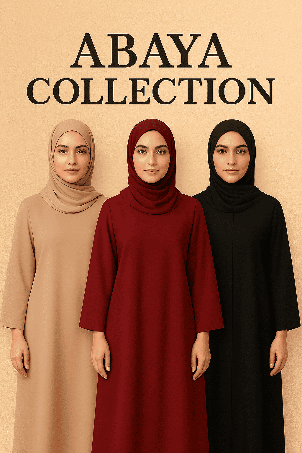 Elegant modest hijabs in beige, red, and black, perfect for everyday wear and special occasions.