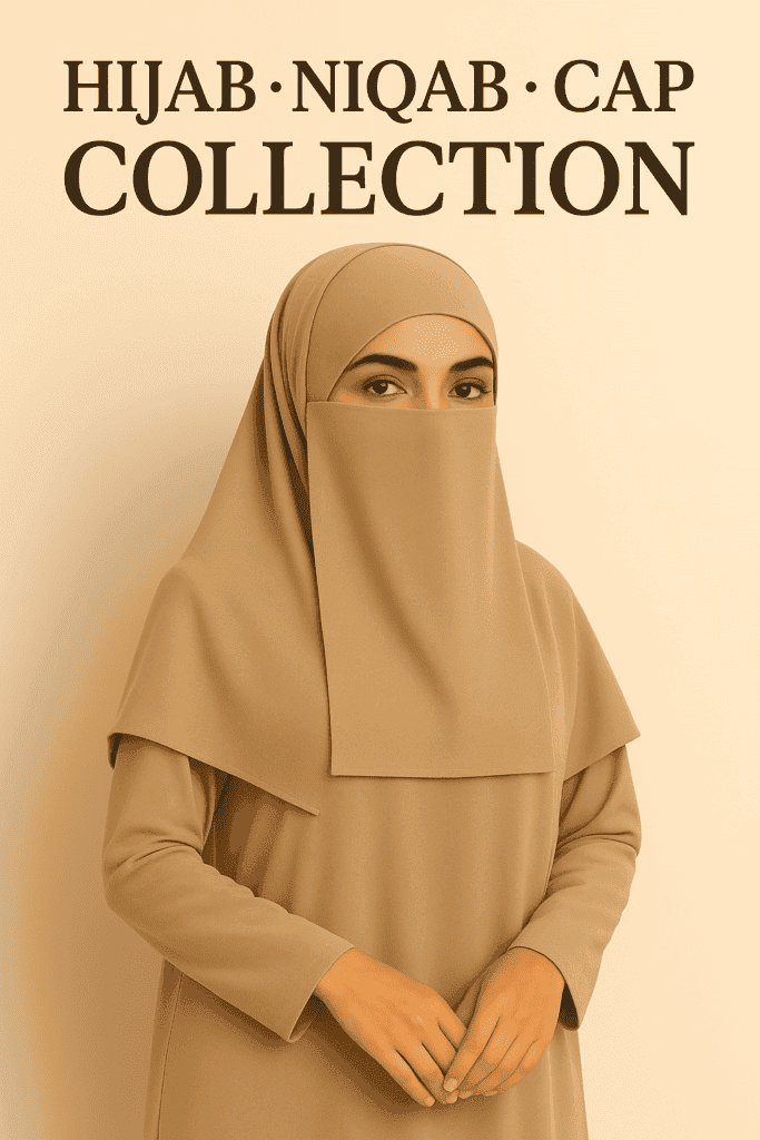 Soft beige hijab and niqab set for modest fashion, stylish Muslim women, hijab store aesthetic.