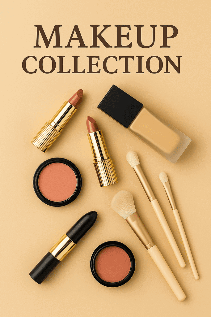 Vegan makeup products, peach blush, nude lipsticks, makeup brushes, beauty essentials, online makeup store.