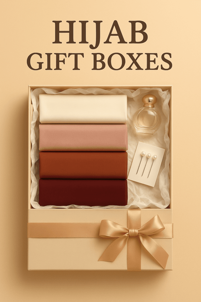 Elegant hijab gift box set with scarves, perfume, and accessories for Muslim women.