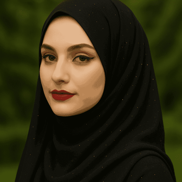 Black hijab with gold accents on a woman with makeup, outdoors.