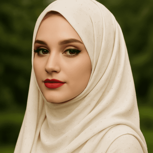 Elegant beige hijab with subtle speckled details for fashionable modest wear.