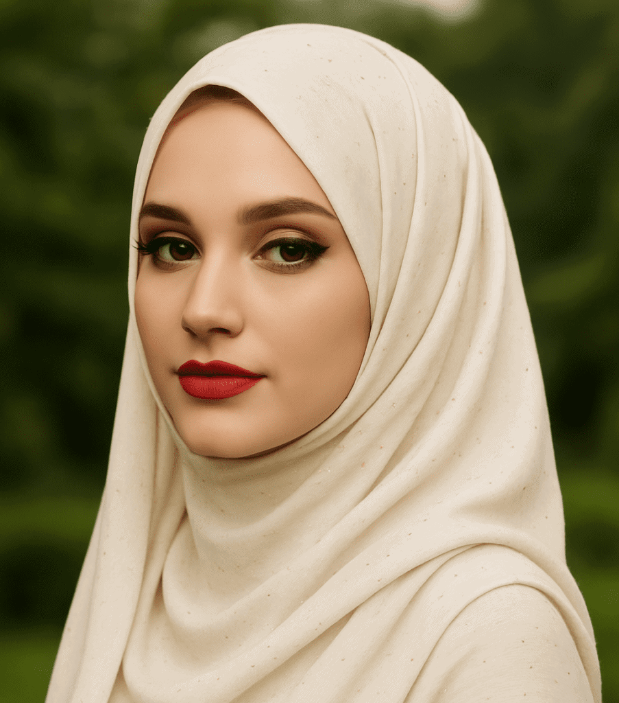 Elegant beige hijab with subtle speckled details for fashionable modest wear.
