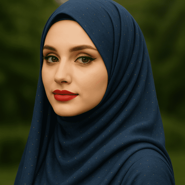 Elegant navy blue hijab with delicate gold accents, perfect for stylish modest fashion.