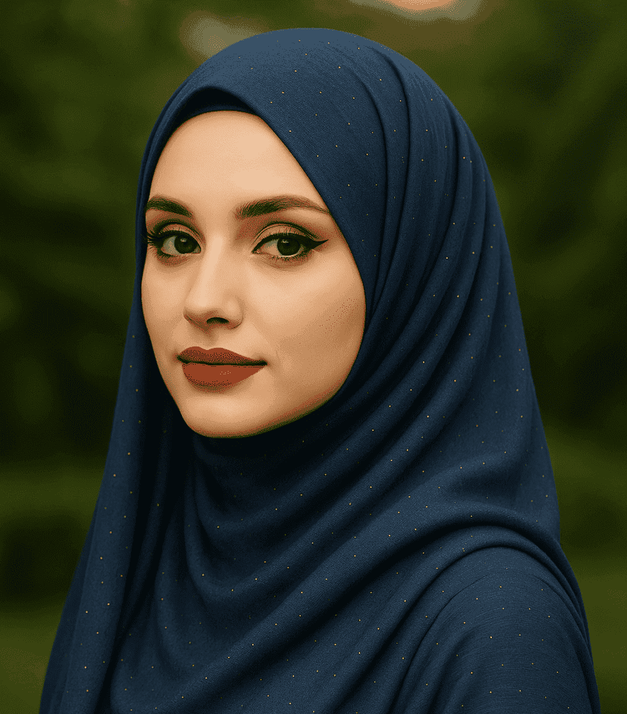 Elegant navy blue hijab with delicate gold accents, perfect for stylish modest fashion.