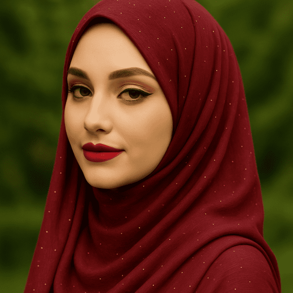 Silk burgundy hijab with gold accents, perfect for modest fashion and special occasions.