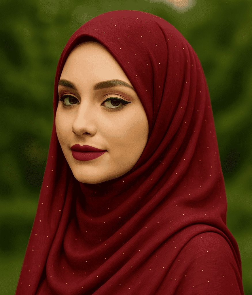 Silk burgundy hijab with gold accents, perfect for modest fashion and special occasions.
