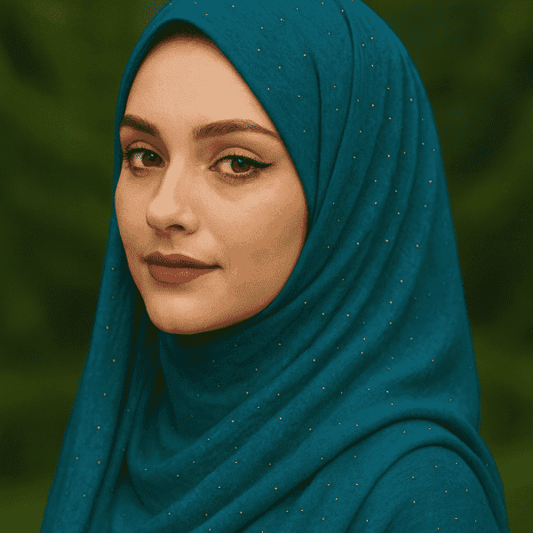 Elegant blue hijab with gold accents, perfect for modest fashion and special occasions.